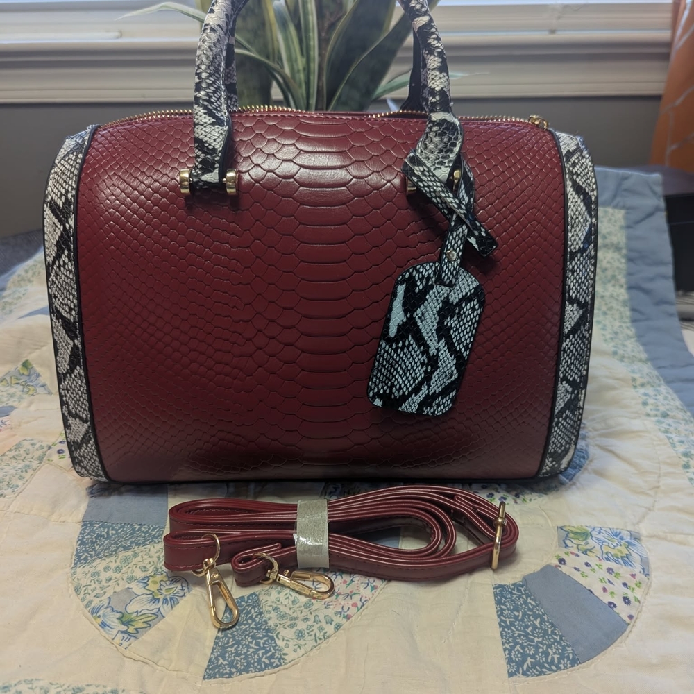Structured Faux-Snake Barrel Satchel — Burgundy with Black/White Accents
